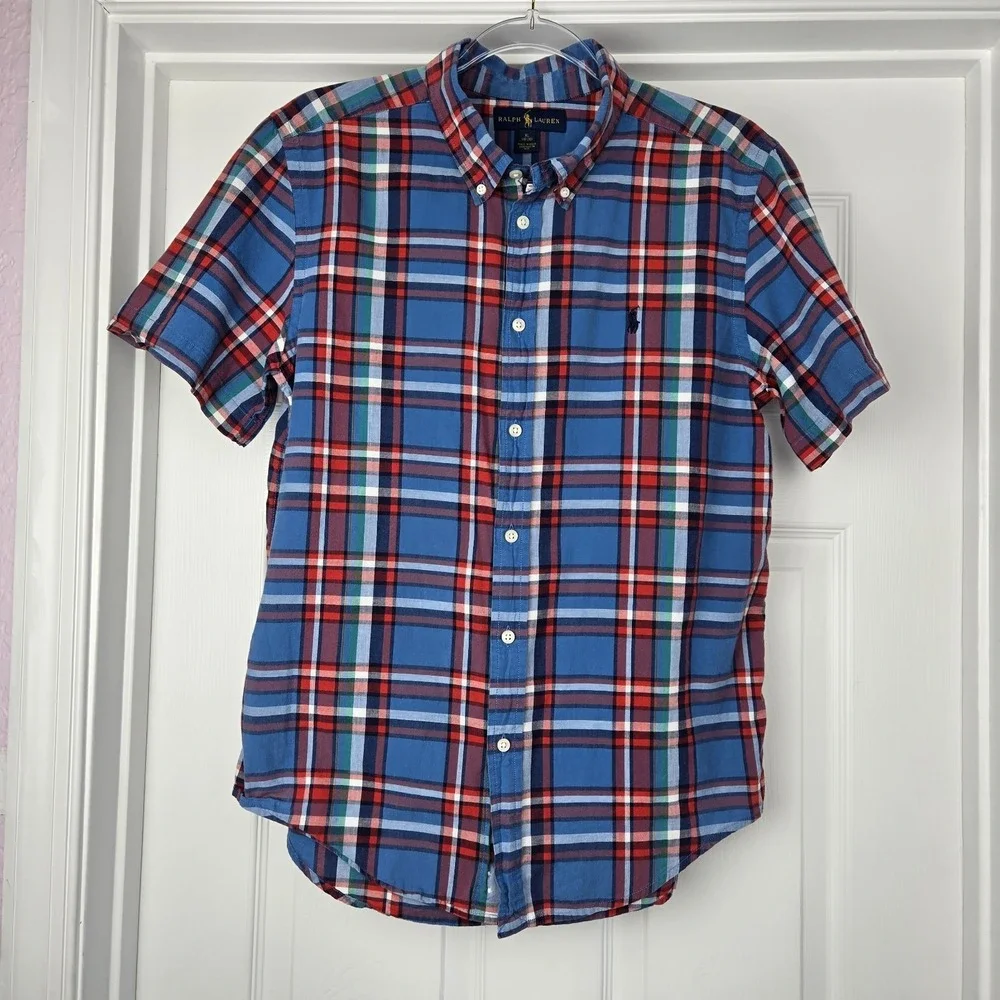 Polo Ralph Lauren Blue Plaid Oxford Shirt Boys Size XL Shirt Sleeve Button‎ Up